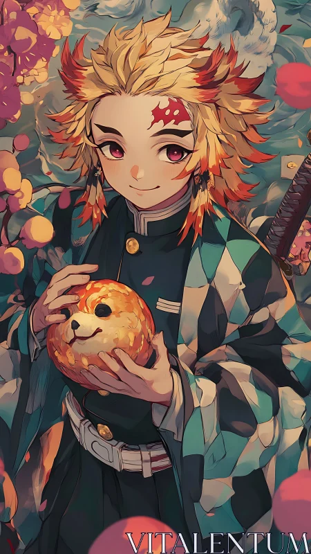 Blond anime swordsman holds round dog-faced fruit calmly.