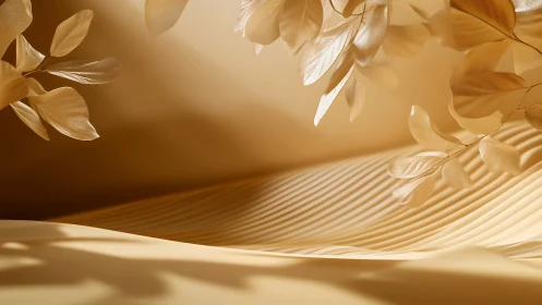 Golden sculpted leaves above minimal rippled sandscape.