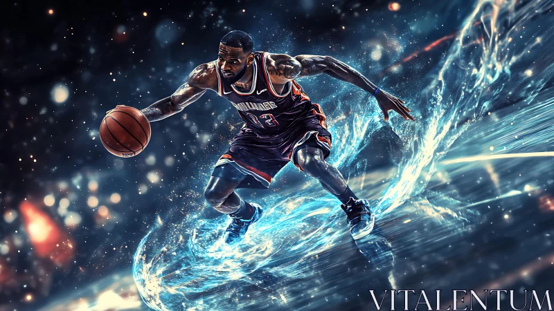 Dynamic basketball crossover framed by energized particle trails