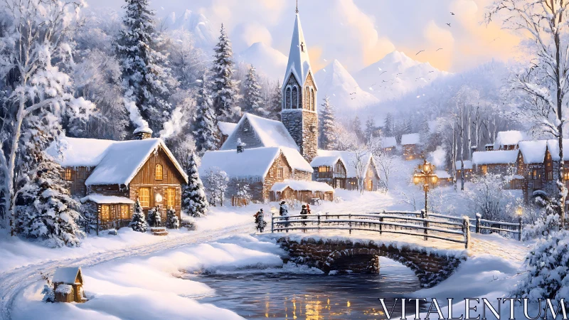 Snowlit village bridge and steeple under hush of winter dusk.