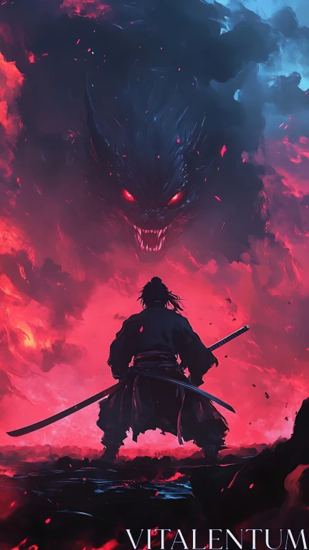 Lone samurai confronts a colossal flameborn demon in ruinous dusk.