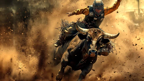 Professional bull rider on charging bull in dusty arena.