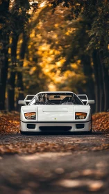 White sports car sits centered on a forest road in autumn