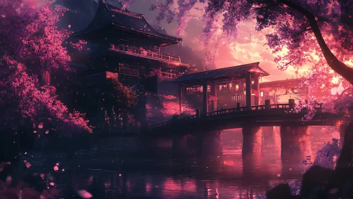 Bridge and traditional pavilion under pink blossom canopy.