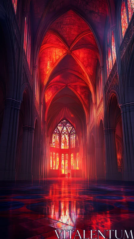 Gothic cathedral interior lit by intense red stained glass.
