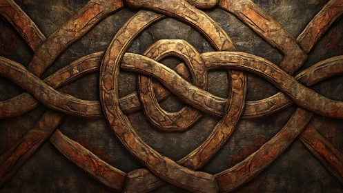 Interlocking wooden knotwork over weathered stone relief.