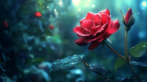 Dew-kissed red rose glows in dreamy blue garden light.