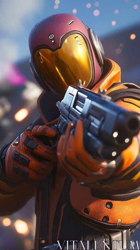 Bold sci fi adventurer in orange armor ready for action.