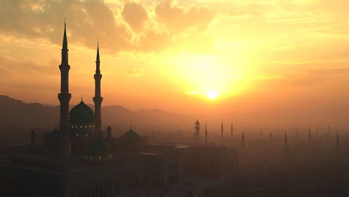 Golden sunrise over peaceful city skyline and tall minarets.