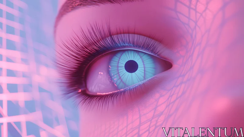 Futuristic close-up of human eye in neon cyberpunk style artwork.