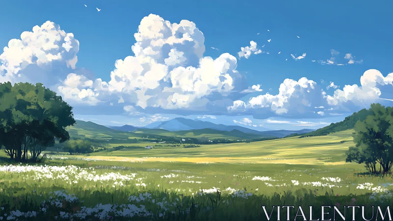 Summer meadow under towering cumulus clouds at noon.