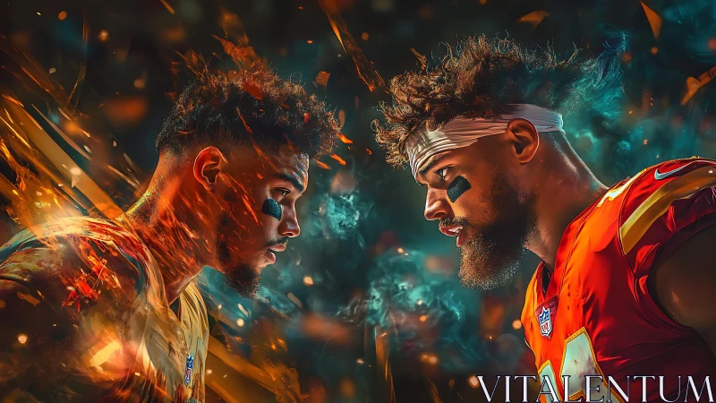 Gridiron rivals collide in blazing dual-portrait showdown.