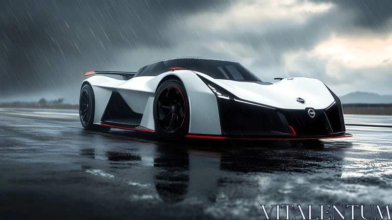 Futuristic white race car on wet track under heavy rain.