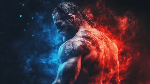 Bifurcated chromatic warrior amid volumetric fire and mist.