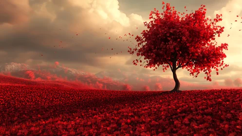 Scarlet dreamtree standing alone in a sea of burning leaves.