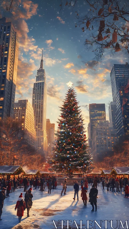 Majestic city Christmas tree glows over a festive winter plaza
