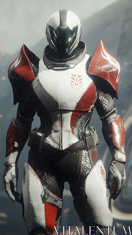 Futuristic armored guardian in bold red and white suit.