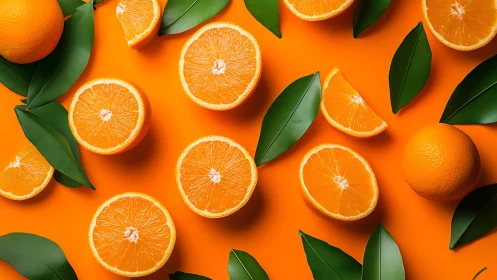 Vibrant orange citrus halves with glossy green leaves on solid.