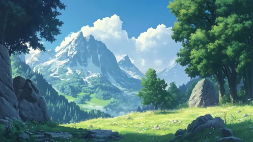 Sunlit alpine meadow opens onto peaceful snowy mountains