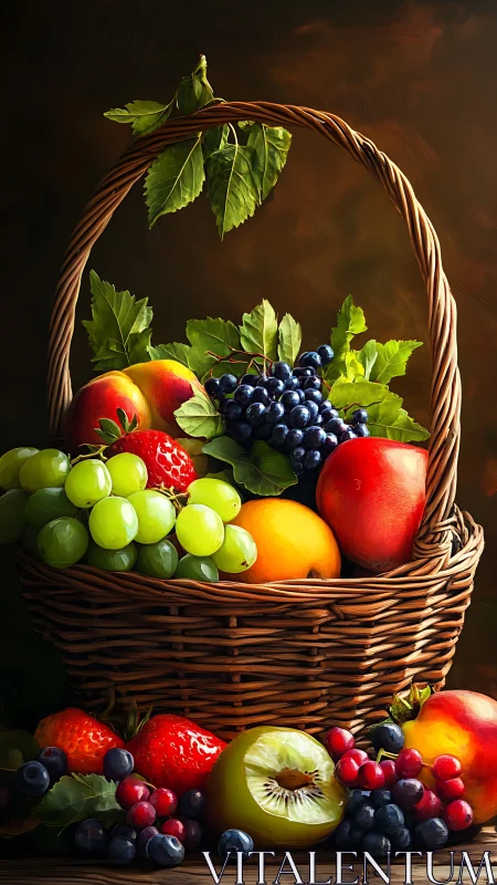 Colorful wicker basket filled with mixed ripe fruit still life