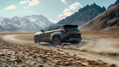 Sport SUV powers through dusty mountain desert trail.