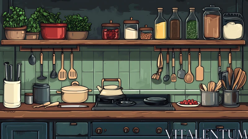 Illustrated kitchen counter and shelving show organized cookware