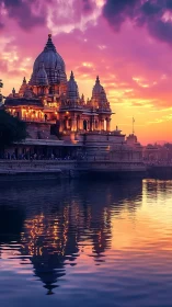 Twilight temple crown mirrored in a river of molten dusk.