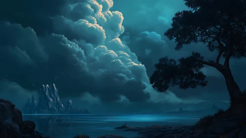 Moonlit Fortress Reflects Across Luminescent Waters.