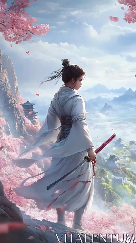 Petal-wreathed wanderer guarding a cloud-kissed valley.