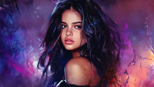 Digital portrait of young woman with abstract vivid background.