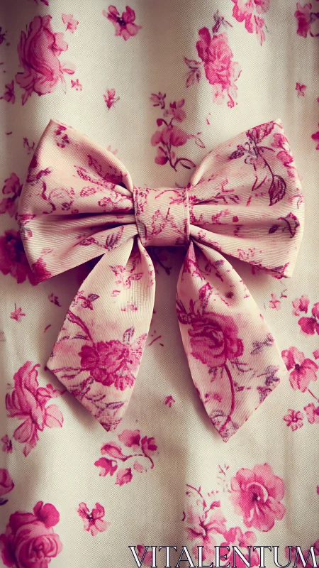 Close-up textile photograph of pink floral satin bow on fabric