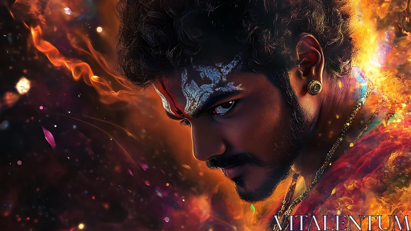 Fiery warrior portrait merges mystic face paint and cosmic fire.