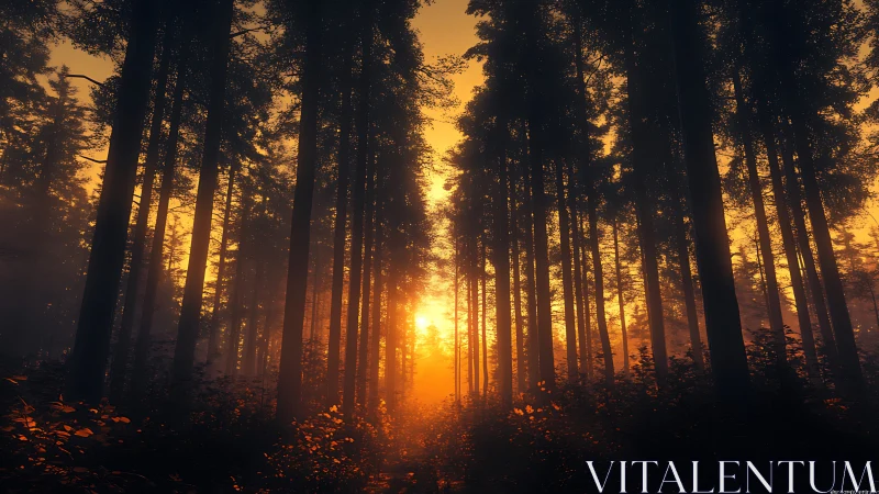 Forest Sunrise Through Towering Trees and Golden Light.