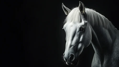 White horse portrait on dark background in dramatic light.