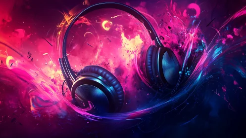 Neon headphones pulse through abstract liquid soundscape.