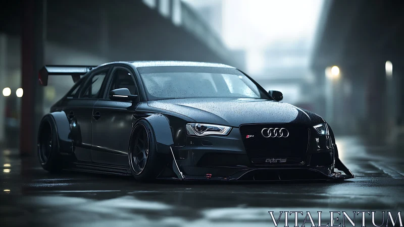 Widebody Audi race car waits in rainy urban pitlane.