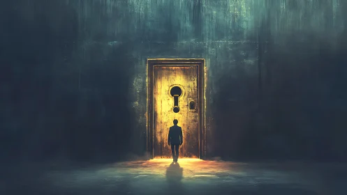 Man stands before glowing keyhole door in dark chamber.