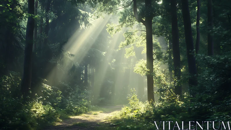Forest Path with Sunlight Through Canopy