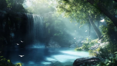 Sunlit forest waterfall and tranquil blue woodland pool.
