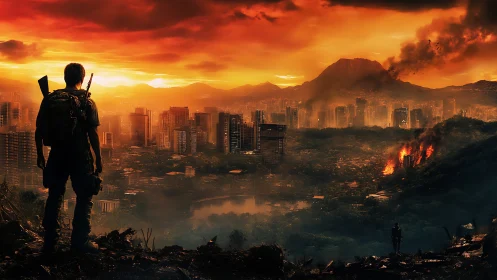 Armed survivor surveying incendiary post-urban skyline at dusk.