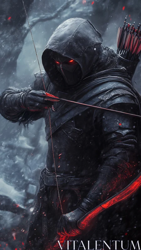 Hooded shadow archer with glowing red bow in frozen forest.