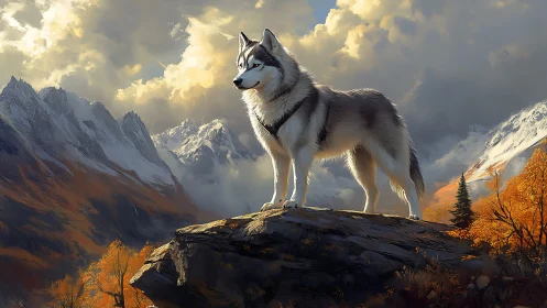 Proud husky gazes over golden autumn mountains at sunset