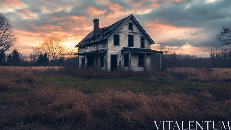Weather-beaten farmhouse lingers beneath a smoldering dusk sky