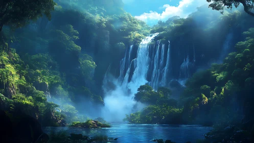 Emerald thunderfalls pouring light into a secret lagoon.