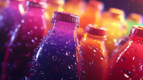 Close-up of Colorful Bottled Drinks with Water Droplets, Vibrant Style.
