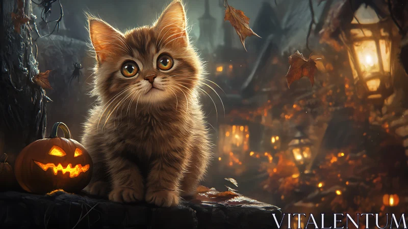 Ethereal Kitten in Autumn Nocturne with Jack-O'-Lantern Ambiance.