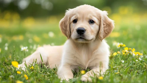Golden retriever puppy on meadow in soft spring backlight.
