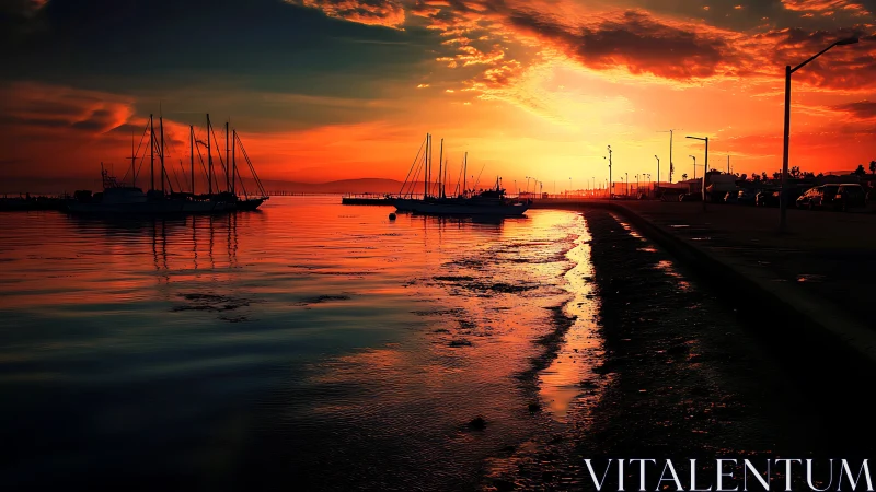 Sunset illuminates marina with silhouetted boats and wet quay