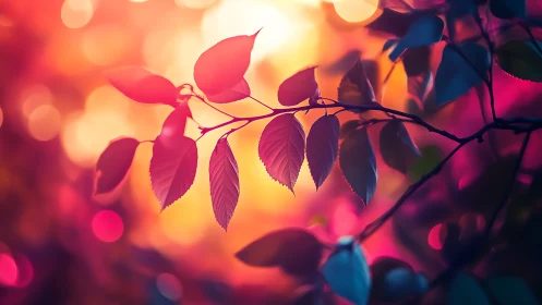 Backlit leaves in vivid bokeh with saturated sunset hues.