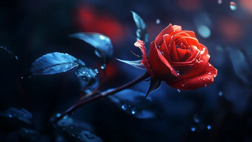 Luminous Red Rose Against a Mystical Blue Night.